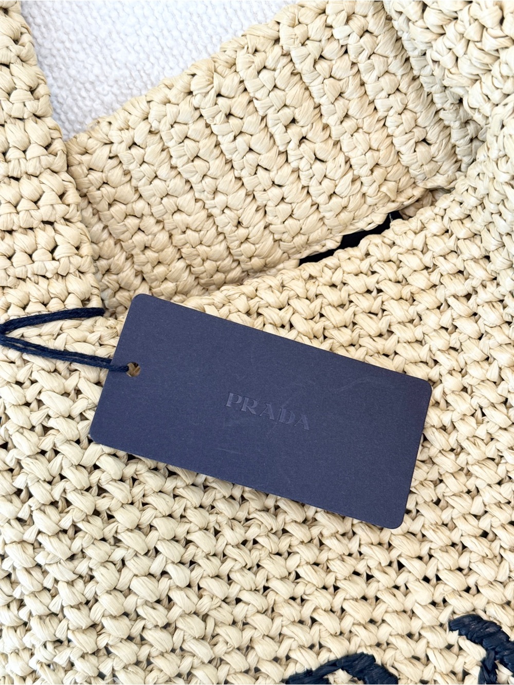 ✨NEW✨PRADA Yarn Raffia Effect Embroidered Logo Large Crochet Tote Bag - Natural - Picture 5 of 16